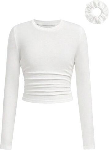 SOLY HUX Girl's Long Sleeve T Shirt Crew Neck Ruched Slim Fitted Basic Tee Cute Fall Tops with Hair Ties in Saudi Arabia