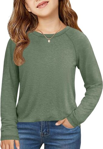 ZDC Girls Long Sleeve Shirts Kids Crewneck Layering Tunic Tops Plain Basic Tees Fashion T-Shirts 5-14Y in Kuwait