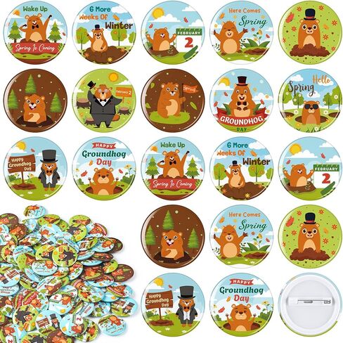 Janinka 100 Pcs Happy Groundhog Day Button Pins Bulk Badge Brooch Groundhog Gift February 2 Hello Spring Party Supplies in Kuwait