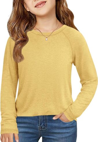 ZDC Girls Long Sleeve Shirts Kids Crewneck Layering Tunic Tops Plain Basic Tees Fashion T-Shirts 5-14Y in Saudi Arabia