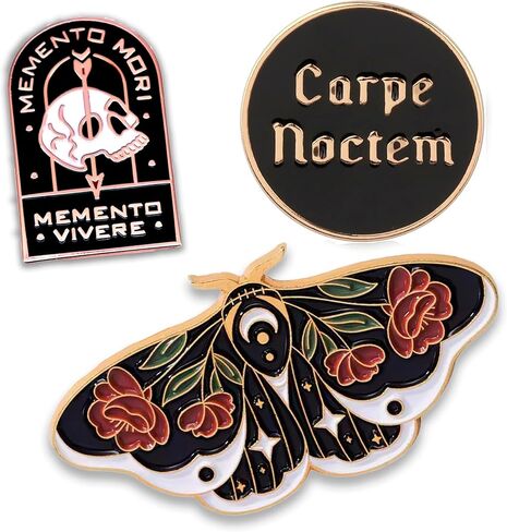 Goth Enamel Pin Set 3Pcs – Moon Flowers Moth Pin, Carpe Noctem - Seize The Night, Memento Mori Skull – Gothic Aesthetic, Emo, Grunge, Punk, Alternative Backpack Gift in Kuwait