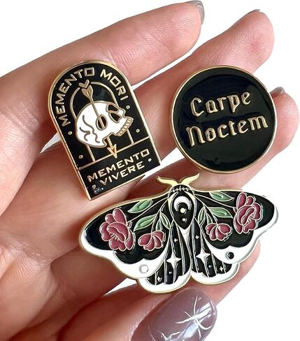 Goth Enamel Pin Set 3Pcs – Moon Flowers Moth Pin, Carpe Noctem - Seize The Night, Memento Mori Skull – Gothic Aesthetic, Emo, Grunge, Punk, Alternative Backpack Gift in Kuwait