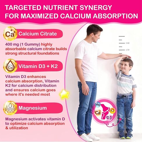 حلوى الكالسيوم للأطفال مع د3 والمغنيسيوم لعمر 4+: سيترات الكالسيوم الخالية من السكر مع فيتامين د3، ك2، الزنك، البروبيوتيك والبريبايوتكس للأطفال - خالية من الغلوتين، غير معدلة وراثيًا، نباتي، نكهة الفراولة الطبيعية in Kuwait