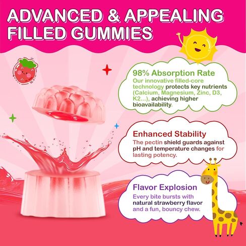 حلوى الكالسيوم للأطفال مع د3 والمغنيسيوم لعمر 4+: سيترات الكالسيوم الخالية من السكر مع فيتامين د3، ك2، الزنك، البروبيوتيك والبريبايوتكس للأطفال - خالية من الغلوتين، غير معدلة وراثيًا، نباتي، نكهة الفراولة الطبيعية in Kuwait