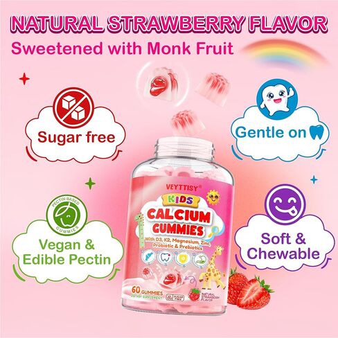 Kids Calcium Gummies with D3 & Magnesium for 4+: Sugar Free Calcium Citrate with Vitamin D3, K2, Zinc, Probiotics & Prebiotics for Kids - Gluten Free, Non-GMO,Vegan, Natural Strawberry Flavor in Saudi Arabia