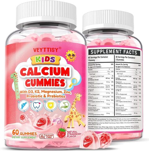 Kids Calcium Gummies with D3 & Magnesium for 4+: Sugar Free Calcium Citrate with Vitamin D3, K2, Zinc, Probiotics & Prebiotics for Kids - Gluten Free, Non-GMO,Vegan, Natural Strawberry Flavor in Saudi Arabia