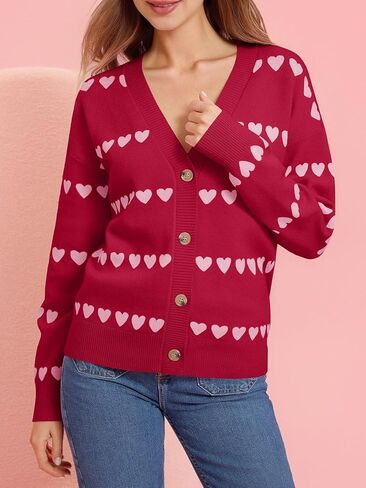 Saodimallsu Womens Heart Cardigan Sweaters Valentines V Neck Button Down Long Sleeve Knit Striped Sweater Coats in Saudi Arabia