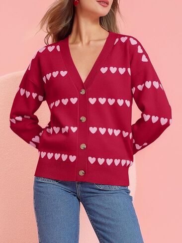 Saodimallsu Womens Heart Cardigan Sweaters Valentines V Neck Button Down Long Sleeve Knit Striped Sweater Coats in Saudi Arabia