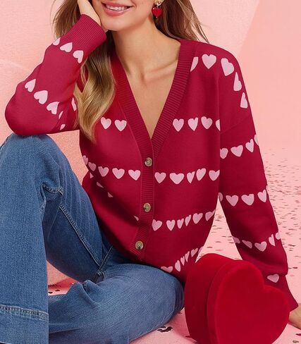 Saodimallsu Womens Heart Cardigan Sweaters Valentines V Neck Button Down Long Sleeve Knit Striped Sweater Coats in Saudi Arabia