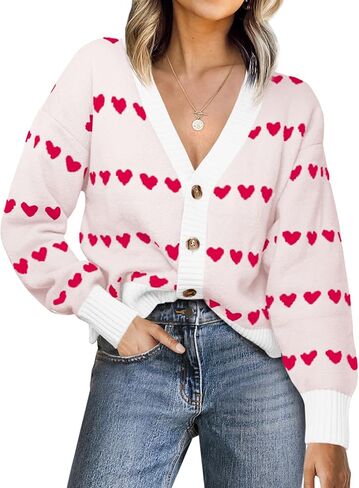 Saodimallsu Womens Heart Cardigan Sweaters Valentines V Neck Button Down Long Sleeve Knit Striped Sweater Coats in Saudi Arabia