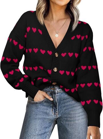 Saodimallsu Womens Heart Cardigan Sweaters Valentines V Neck Button Down Long Sleeve Knit Striped Sweater Coats in Saudi Arabia