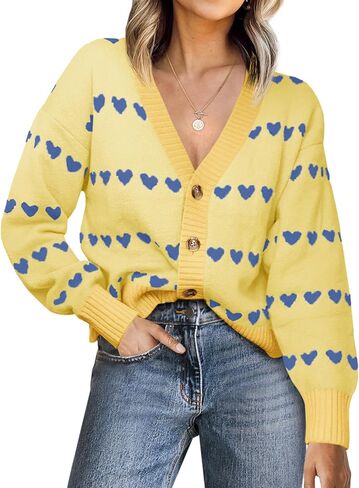 Saodimallsu Womens Heart Cardigan Sweaters Valentines V Neck Button Down Long Sleeve Knit Striped Sweater Coats in Saudi Arabia