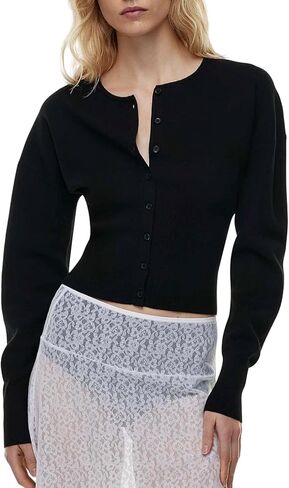 Womens Cropped Sweaters Fall Button Down V Neck Long Sleeve Pullover Solid Casual Ribbed Knit Slim Fit Cardigan in Kuwait