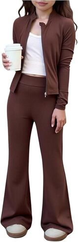 Milumia Girl's 2 Piece Outfits Zip Up Long Sleeve Jacket Top and Flare Pants Sets in Saudi Arabia