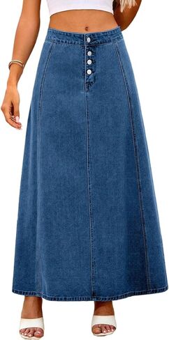 yoeasy Women's Denim Maxi Skirt Casual Button Up Vintage High Waist Flowy Swing A-Line Long Jean Skirt in Saudi Arabia
