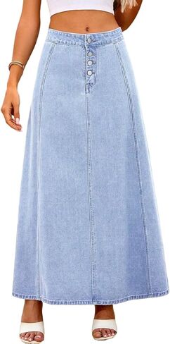 yoeasy Women's Denim Maxi Skirt Casual Button Up Vintage High Waist Flowy Swing A-Line Long Jean Skirt in Saudi Arabia