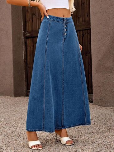 yoeasy Women's Denim Maxi Skirt Casual Button Up Vintage High Waist Flowy Swing A-Line Long Jean Skirt in Saudi Arabia
