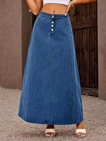 yoeasy Women's Denim Maxi Skirt Casual Button Up Vintage High Waist Flowy Swing A-Line Long Jean Skirt in Saudi Arabia