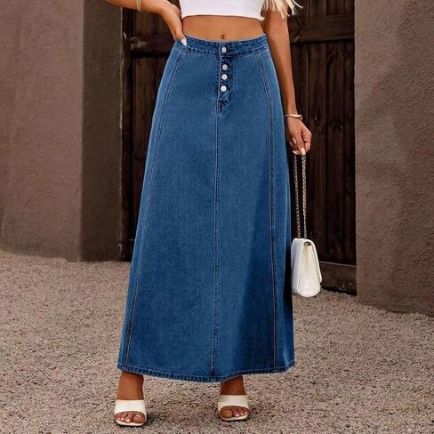 yoeasy Women's Denim Maxi Skirt Casual Button Up Vintage High Waist Flowy Swing A-Line Long Jean Skirt in Saudi Arabia