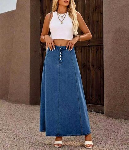 yoeasy Women's Denim Maxi Skirt Casual Button Up Vintage High Waist Flowy Swing A-Line Long Jean Skirt in Saudi Arabia