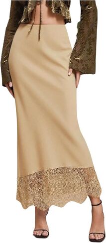 MakeMeChic Women's Satin Lace Maxi Skirt Silk High Waist Fishtail Long Skirts in Saudi Arabia