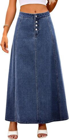 ebossy Women's High Waist Denim Skirt Classic 4-Button Flare A Line Stretch Maxi Long Jean Skirts with Pockets in Saudi Arabia