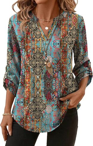 XIEERDUO 3/4 Length Sleeve Womens Tops V Neck T Shirts Both Side Buttons Blouses Business Casual Outfits Loose Fit in Saudi Arabia