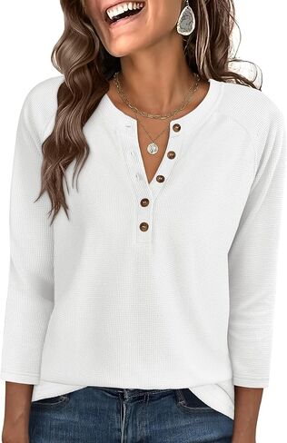 ANRABESS Women's 3/4 Sleeve Waffle Knit Tops V Neck Dressy Casual Button Loose Henley Shirts 2026 Spring Basic Tee Blouse in Saudi Arabia