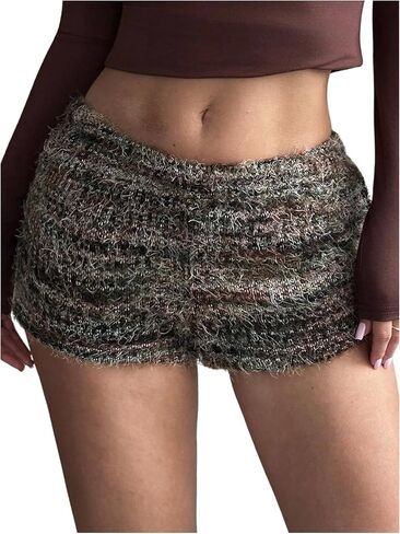 SHENHE Women's Fuzzy Striped Knit Micro Shorts Low Waist Casual Booty Mini Shorts in Saudi Arabia