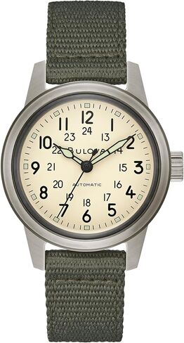 Bulova Men's Military Hack Automatic Black PVD-Coated Stainless Steel Case and Green Nylon Strap Watch, Ivory Dial Style:98A307 in Saudi Arabia