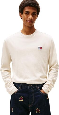 Tommy Jeans Mens Long Sleeve Solid Cotton Graphic T-Shirts with Tonal Flag Logo in Kuwait