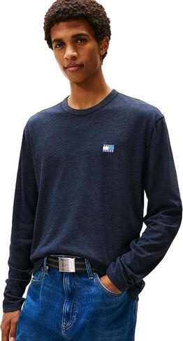 Tommy Jeans Mens Long Sleeve Solid Cotton Graphic T-Shirts with Tonal Flag Logo in Saudi Arabia