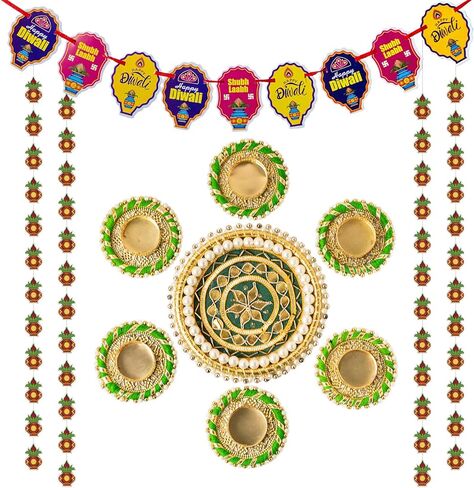 مجموعة ديكور حفلات ديوالي 14 قطعة (9 قطع رانجولي أرضية، 4 زخارف معلقة على الحائط، 1 لافتة ديوالي سعيدة)، مصمم رانجولي مع حامل ضوء الشاي، ديكورات ديوالي للمنزل، ديكور ديوالي، هدايا ديوالي in Kuwait