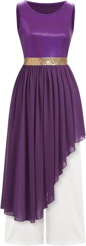 AFAVOM Praise Dance Dresses for Women Metallic Asymmetric Overlay Dress + Pants Worship Liturgical Dancewear Lyrical Costume in Kuwait