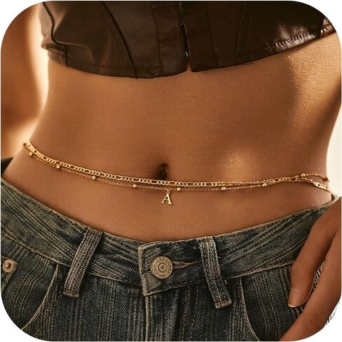 2PCS 14K Gold Plated Initial Waist Chain for Womens Dainty Layered Belly Body Chain with Beads Charm Letter A-Z Waterproof Summer Beach Bikini Adjustable Body Waist Accessories Birthday Jewelry Gifts in Saudi Arabia