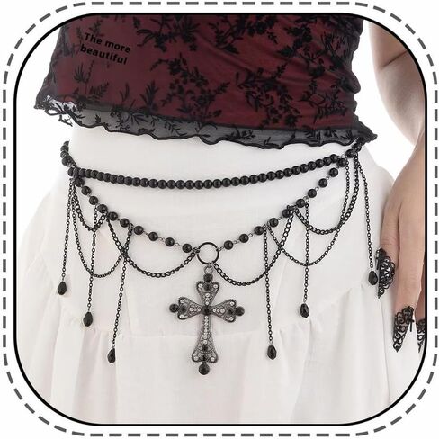 Cross Black Pearl Waist Chain Belt Tassel Belly Chains Crystal Adjustable Bikini Party Dress Body Jewelry for Women in Saudi Arabia