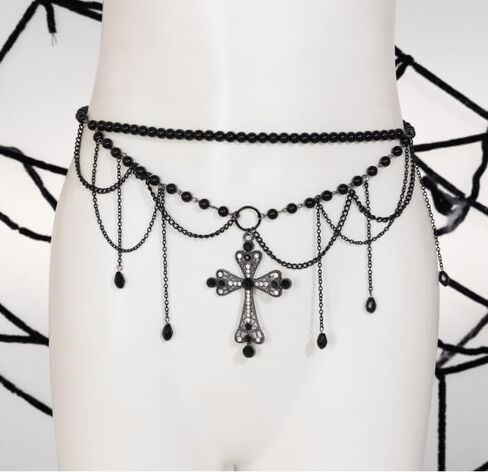 Cross Black Pearl Waist Chain Belt Tassel Belly Chains Crystal Adjustable Bikini Party Dress Body Jewelry for Women in Saudi Arabia