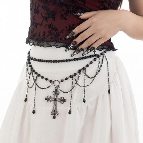 Cross Black Pearl Waist Chain Belt Tassel Belly Chains Crystal Adjustable Bikini Party Dress Body Jewelry for Women in Saudi Arabia