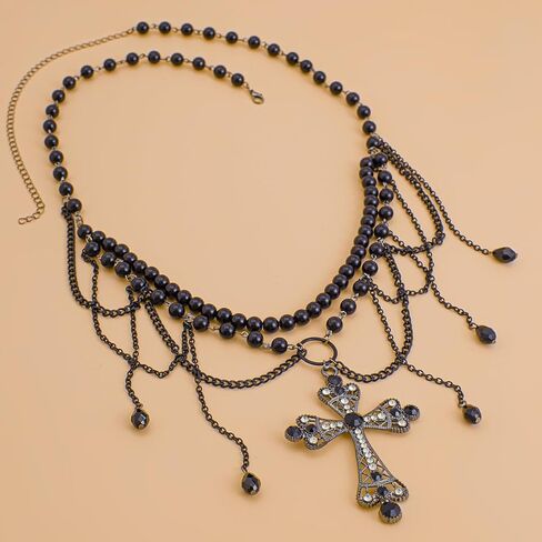 Cross Black Pearl Waist Chain Belt Tassel Belly Chains Crystal Adjustable Bikini Party Dress Body Jewelry for Women in Saudi Arabia