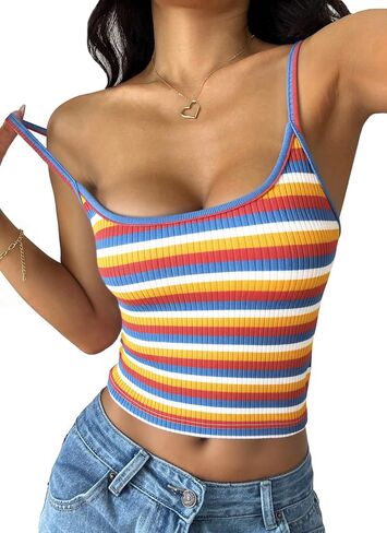 PRETTYGARDEN Women Summer Crop Tops Sleeveless Spaghetti Strap Tank Striped Cami Knit Y2K Clothes Slim Fit Spring Shirts in Kuwait