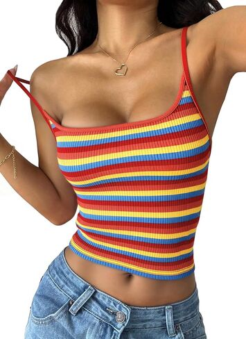 PRETTYGARDEN Women Summer Crop Tops Sleeveless Spaghetti Strap Tank Striped Cami Knit Y2K Clothes Slim Fit Spring Shirts in Kuwait