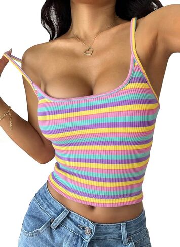 PRETTYGARDEN Women Summer Crop Tops Sleeveless Spaghetti Strap Tank Striped Cami Knit Y2K Clothes Slim Fit Spring Shirts in Kuwait
