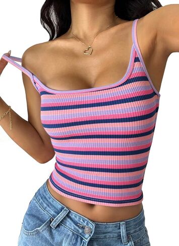 PRETTYGARDEN Women Summer Crop Tops Sleeveless Spaghetti Strap Tank Striped Cami Knit Y2K Clothes Slim Fit Spring Shirts in Kuwait