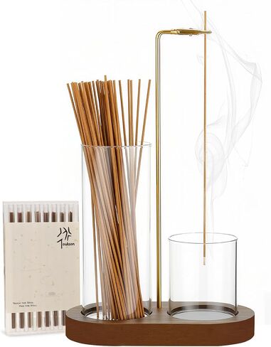 2-in-1 Incense Stick Holder with Glass Ash Catcher, Dual Glass Cups & Metal Clip, Minimalist 8-Shaped Wooden Base, Home Decor Gift (Dark Base) in Saudi Arabia