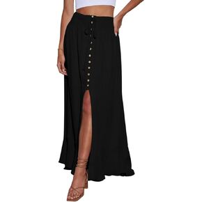 Women's Boho Elastic Tie Waist Button Down Maxi Skirt - Casual Loose Flowy Swing Slit Front Long Skirt in Kuwait