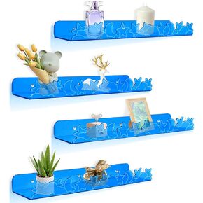 أرفف عائمة للجدار، 4 عبوات مقاس 15.7 بوصة × 3.5 بوصة منظم أرفف أكريليك لاصقة لمكياج صور لعبة الكتب، تخزين للأطفال مثبت على الحائط للحمام وغرفة النوم والحضانة والنجمة القزحية والقمر in Kuwait
