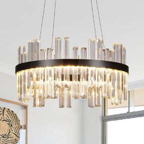Black Modern Led Crystal Chandelier: 23.6" Round Contemporary 3 Color Dimmable Dining Room Light Fixture over Table - Adjustable Lighting Chandeliers for Bedroom Living Kitchen Island Entryway Foyer in Saudi Arabia