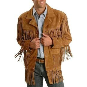 Mens Fringe Jacket - Western Cowboy Brown Faux Suede Leather Fringed Jacket with Fringes in Saudi Arabia