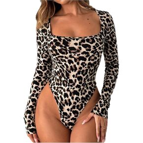 Milumia Women's Leopard Print Bodysuit Square Neck Long Sleeve Slim Fit Ruched Jumpsuit Romper in Saudi Arabia