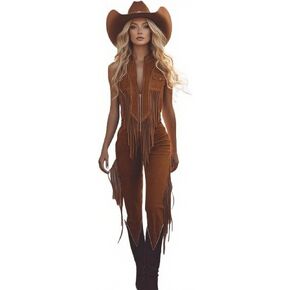 Sleeveless Tassel Jumpsuit for Women Casual Suede Bodycon Fringe Romper Western Cowgirl Jumpsuit Zippered Bodysuit Clubwear in Saudi Arabia